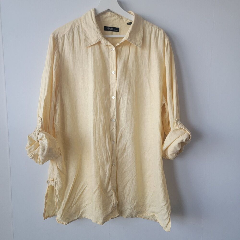 Valerie Stevens womens 100% linen tunic top sz XL Butter Yellow Roll Tab-sleeve